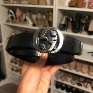 Authentic Gucci gunmetal and black GG belt small